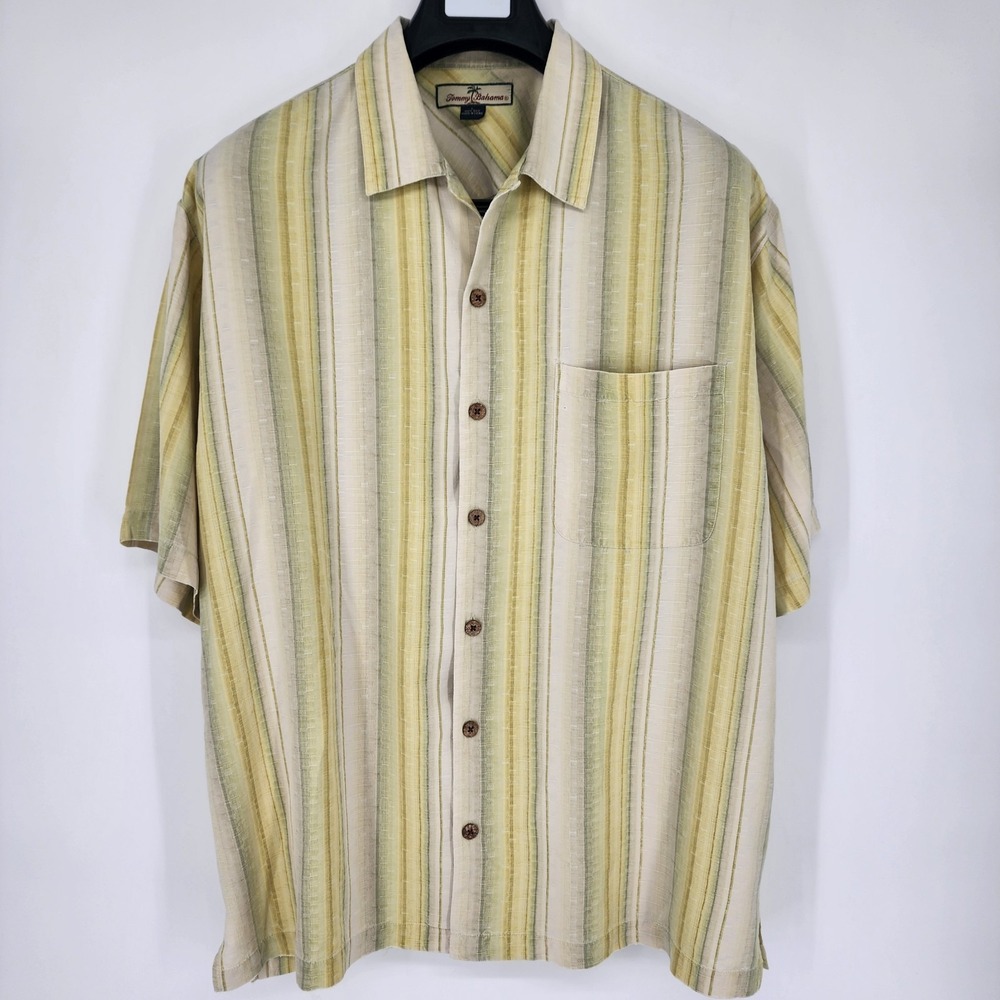 Tommy Bahama 100% Silk Men's Large Yellow Striped Button Up‎ S/S Camp Shirt